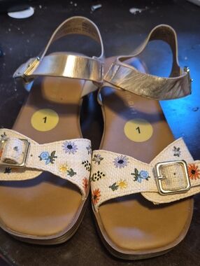 Madden Girl Floral Embroidered Gold Strap Sandals